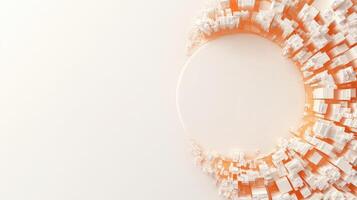 Abstract geometric shapes surround clean circular form. White building blocks form abstract cityscape near plain circle. Bright light reflects on surface. photo