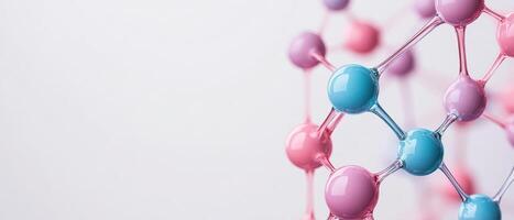 Molecular structure close up. Pink and blue spheres connected by transparent rods forming a network on a white background. Science and medicine concept. photo