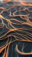 Gray surface with bright orange lines. Curved abstract pattern with glowing dots. Close up image of network connection with light effects. photo