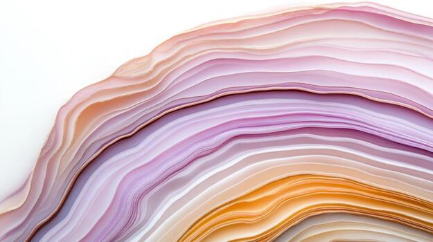 Agate section. Layered stone texture with curved bands. Violet, orange, and white mineral surface. Natural gem formation close up. Elegant background with stripes. photo