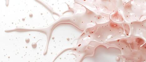Pale pink fluid bursts across white surface. Liquid motion forms abstract splash with droplets. Delicate flow creates textured pattern. Close view of smooth material spread. photo