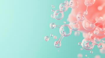Clear molecule structure with linked spheres. Science concept against aqua background with soft pink element. Design with space for text or graphic elements. photo