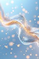 Abstract wave form of light and blue particles floating with a golden streak on a gentle background with bokeh circles. photo