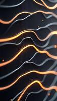 Abstract black surface with curved silver and orange glowing lines. Shiny light trails flow across a textured dark background. Small light sparks hover. photo