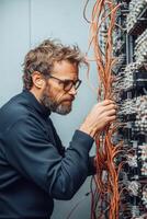 Adult inspecting network server. Wires connect to hardware. Man works to repair computer system. Technology maintenance. Person in blue sweater checks orange cables. photo