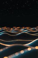 Abstract dark surface with glowing dots forming flowing waves. Small blue stars are shining above. Futuristic digital landscape with smooth lines. photo