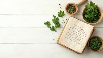 Parsley and spices on white wood background. Open cookbook shows recipe. Dried herbs in wooden bowls near fresh green leaves photo