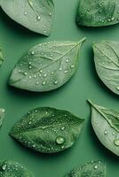 Green leaf pattern. Leaves covered with water drops on solid green surface. Fresh foliage in nature. Botanical detail. Clean design photo
