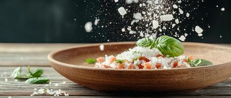Food preparation. Wooden bowl with diced food and basil. Parmesan cheese falling. Dark background and wooden table. Restaurant concept photo