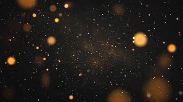 Glowing Gold and White Particles on Dark Background. Sparkling Bokeh Effect photo