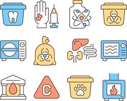 Biomedical waste management line color icons set. Infection control, regulation. Disinfection methods, disposal. illustrations. Simple flat colorful symbols collection. Editable stroke vector