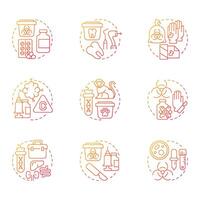 Biomedical waste management red gradient concept icons. Infection trash control. Regulation, compliance. Icon pack. Round shape illustrations for presentation, article. Abstract idea vector