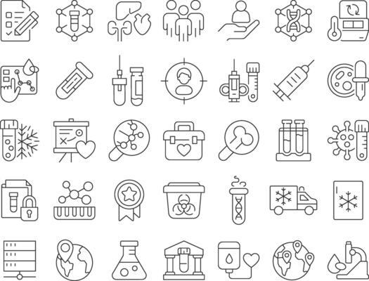 Biobanking line icons set. Medical storage of bio specimens for research. Scientific examination of samples. Isolated outline illustrations. Thin lineart iconset symbols. Editable stroke
