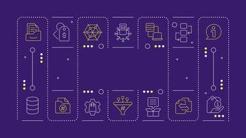 PIM dark purple word concept. Product information management system. Commercial data processing. Horizontal image. Headline text surrounded by editable outline icons vector