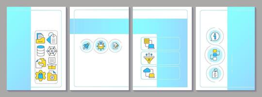 Product information management blue brochure layout. Benefits, features and data sheets. Leaflet advertising design with color line icons. Editable 4 pages vector