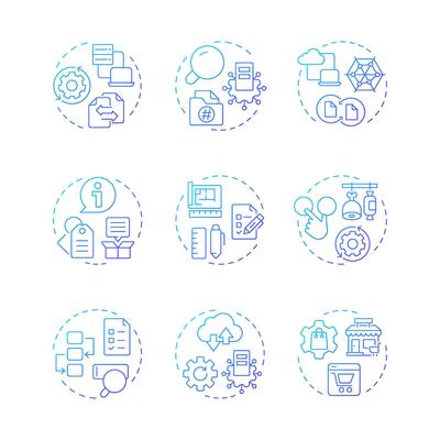 Product information management blue gradient concept icons. Commercial data analyzing. Goods distribution strategy. Icon pack. Round shape illustrations for booklet. Abstract idea
