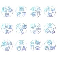 Air traffic management blue gradient concept icons. Flight organization. Communication, navigation. Icon pack. Round shape illustrations for article, blog post. Abstract idea vector