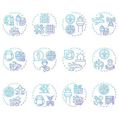Air traffic management blue gradient concept icons. Flight organization. Communication, navigation. Icon pack. Round shape illustrations for article, blog post. Abstract idea