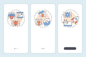 ITIL management practices onboarding mobile app screen. Walkthrough 3 steps editable graphic instructions with linear concepts. UI, UX, GUI vector