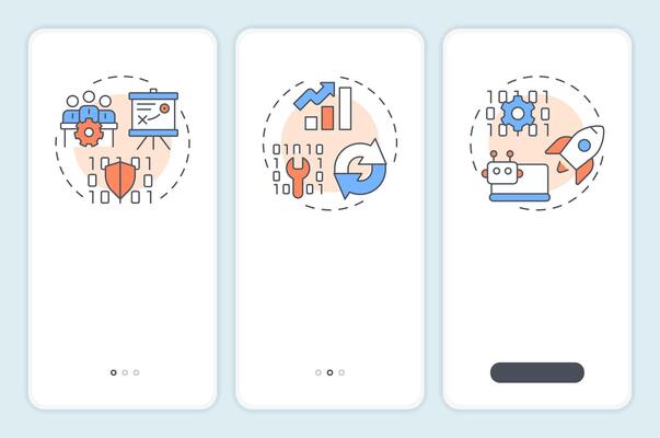 ITIL management practices onboarding mobile app screen. Walkthrough 3 steps editable graphic instructions with linear concepts. UI, UX, GUI