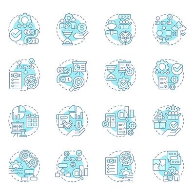 Workflow management soft blue concept icons. Teamwork organization, customer experience. Icon pack. Round shape illustrations for advertising, marketing. Abstract idea