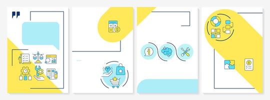 Value engineering types blue and yellow brochure layout. Workflow organization, product quality. Leaflet advertising design with color line icons. Editable 4 pages vector