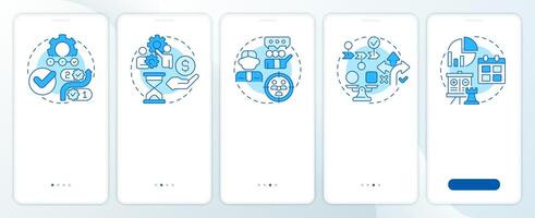 Workflow management elements blue onboarding mobile app screen. Walkthrough 5 steps editable graphic instructions with linear concepts. UI, UX, GUI vector
