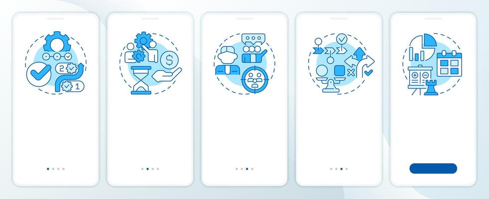 Workflow management elements blue onboarding mobile app screen. Walkthrough 5 steps editable graphic instructions with linear concepts. UI, UX, GUI