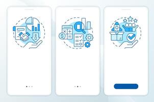 Workflow key components blue onboarding mobile app screen. Walkthrough 3 steps editable graphic instructions with linear concepts. UI, UX, GUI vector