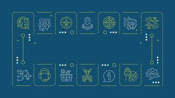 Air traffic management dark cyan word concept. Navigation systems. Tracking technology. Horizontal image. Headline text surrounded by editable outline icons vector