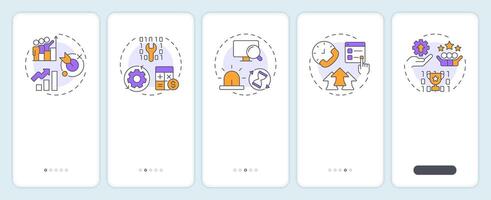 ITIL benefits onboarding mobile app screen. Walkthrough 5 steps editable graphic instructions with linear concepts. UI, UX, GUI vector