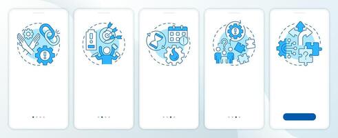 Workflow challenges blue onboarding mobile app screen. Team work. Walkthrough 5 steps editable graphic instructions with linear concepts. UI, UX, GUI vector