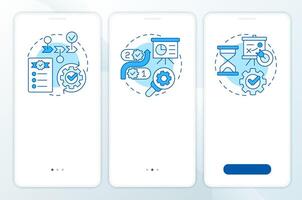 Different workflows blue onboarding mobile app screen. Planning, strategy. Walkthrough 3 steps editable graphic instructions with linear concepts. UI, UX, GUI vector