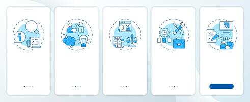 Value engineering onboarding mobile app screen. Workflow organization. Walkthrough 5 steps editable graphic instructions with linear concepts. UI, UX, GUI vector