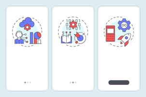 ITSM frameworks onboarding mobile app screen. IT service. Walkthrough 3 steps editable graphic instructions with linear concepts. UI, UX, GUI vector