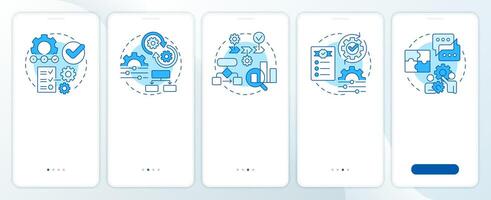 Basic workflow archetypes blue onboarding mobile app screen. Walkthrough 5 steps editable graphic instructions with linear concepts. UI, UX, GUI vector