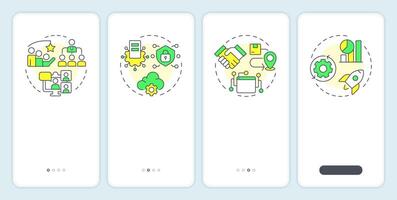 IT service management areas onboarding mobile app screen. Walkthrough 4 steps editable graphic instructions with linear concepts. UI, UX, GUI vector