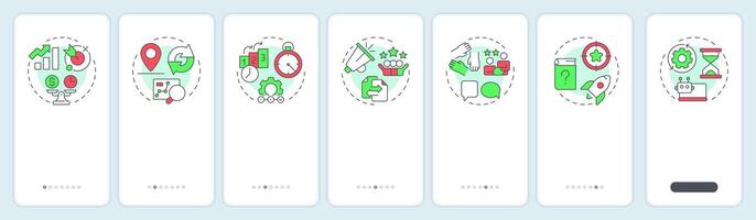 ITIL guiding principles onboarding mobile app screen. Methodology, control. Walkthrough 7 steps editable graphic instructions with linear concepts. UI, UX, GUI vector