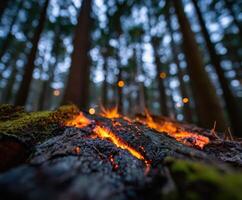 Campfire embers glow amidst towering forest trees at dusk photo