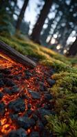 Lava flow glowing through forest landscape at sunset photo