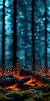Warm glow of embers in a dark forest at night photo