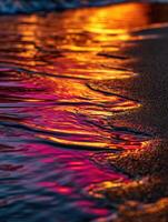 Vibrant reflections on water at sunset along the shore photo