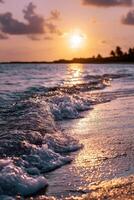 Stunning sunset over tranquil beach waves at dusk photo