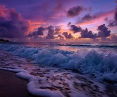 Vibrant sunset over tranquil waves on beach photo