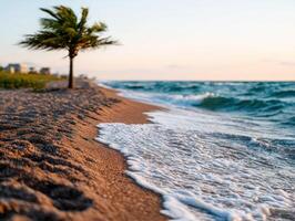 Tranquil beach landscape at sunset with gentle waves photo