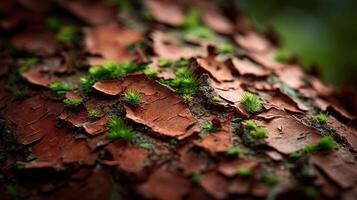 Close-up view of vibrant moss on textured tree bark photo