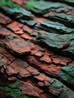 Textured bark displaying earthy tones and moss details photo