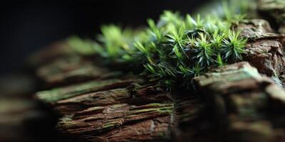Moss growing on weathered wood in close-up detail photo