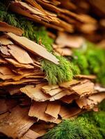 Close-up of textured bark and green moss in forest photo