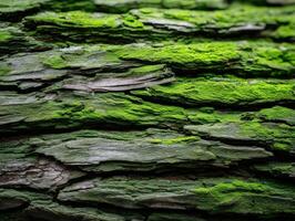Green moss covers textured tree bark in a tranquil forest photo